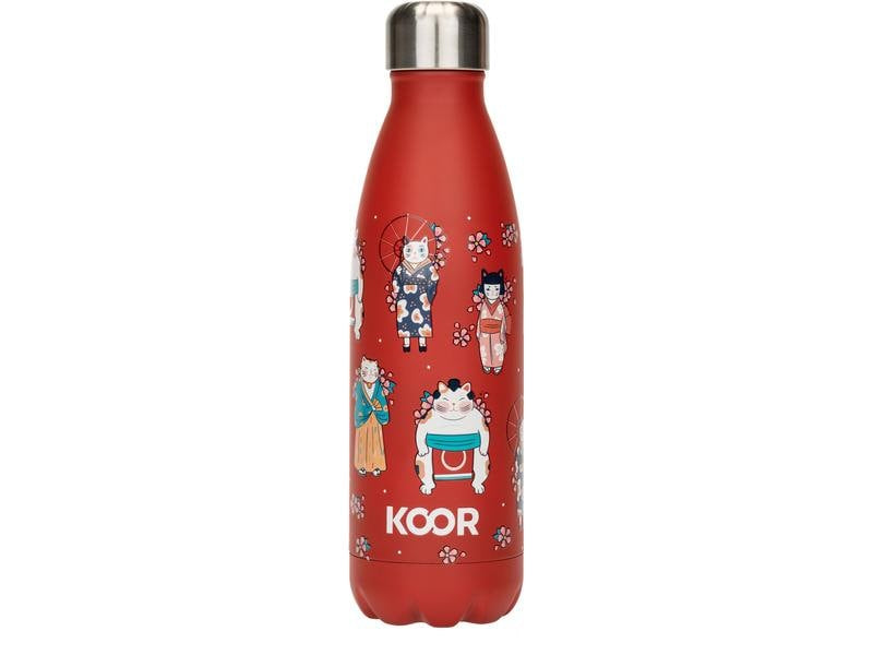 KOOR Isolierflasche 500 ml – Doppelwandig 12 h Heiss / 24 h Kalt, Edelstahl, Schraubdeckel, Japanese Cats