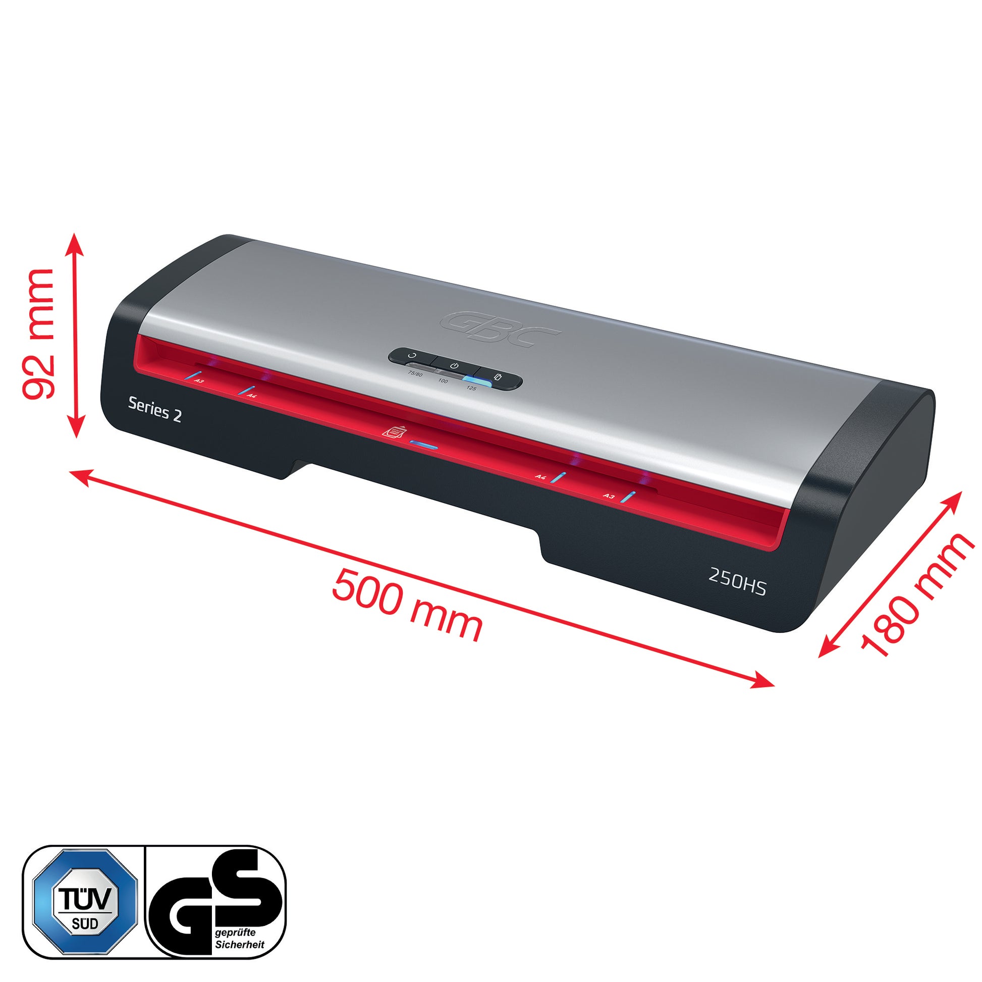 GBC 250HS Laminiergerät A3 – 2-Rollen, 250 µm, Aufheizzeit 1 Min., 500 mm/min, Schwarz/Silber/Rot