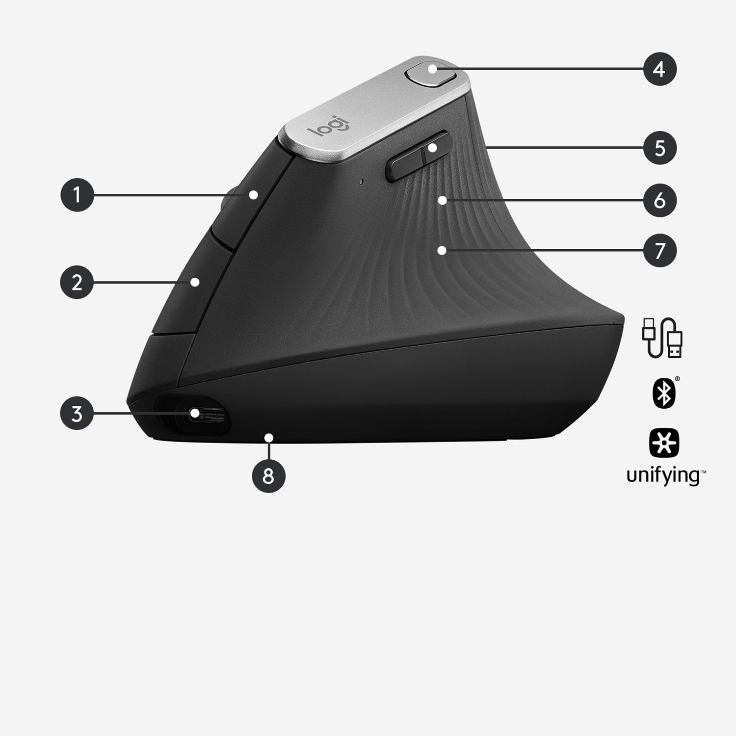 Logitech MX Vertical Ergonomische Maus – kabellos, USB-C, 4 Tasten, vertikal, Unifying-Empfänger, schwarz