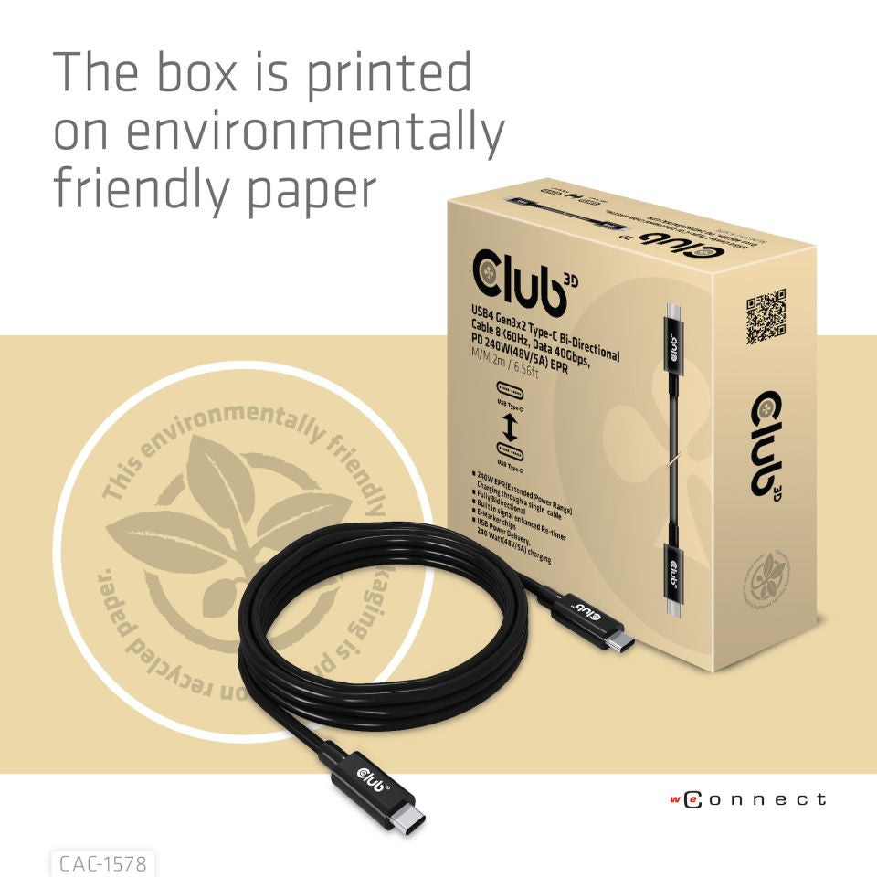 CLUB3D Club 3D – USB-C auf USB-C Kabel – USB4 40 Gbit/s – 2 m – PD 240 W – Schwarz – für Smartphones und mehr