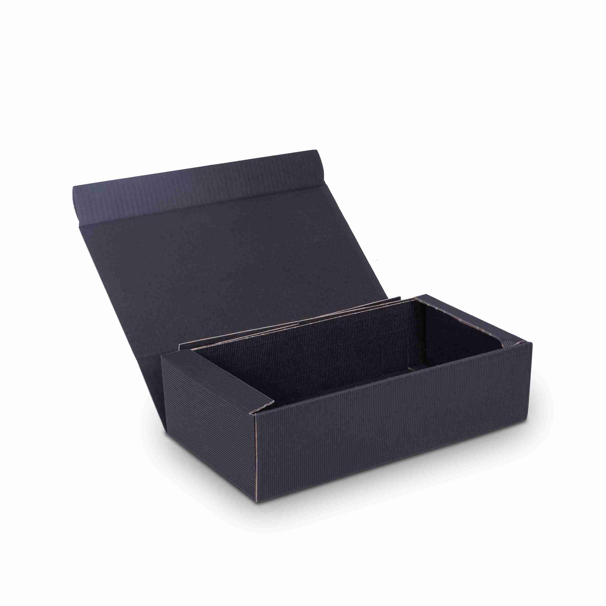Model Weinpräsentkarton schwarz – Innenmass 180 × 360 × 90 mm – für 2 Flaschen – 1 Palette (500 Stk.)