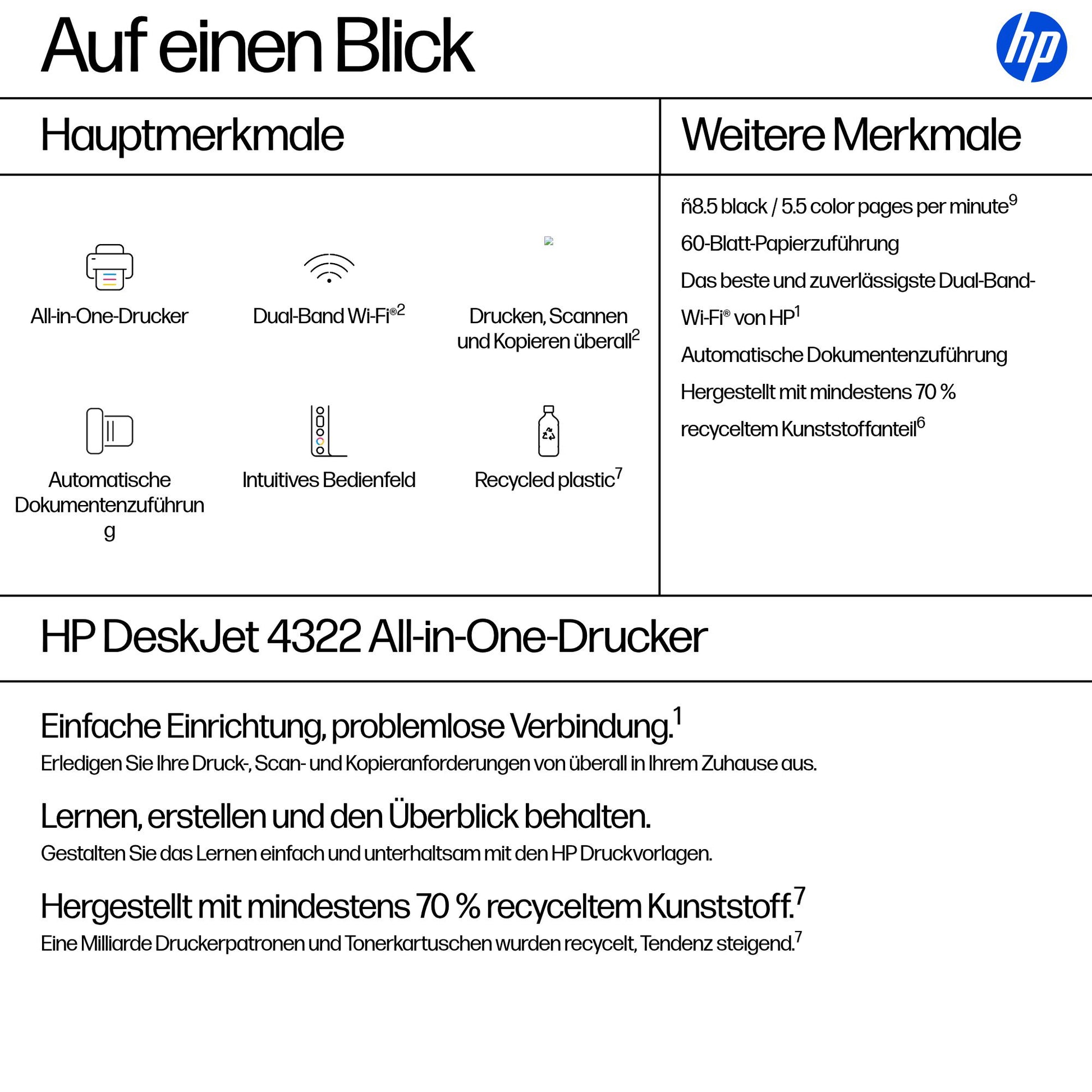 HP DESKJET 4322 ALL-IN-ONE – Farbtintenstrahl-Multifunktionsdrucker, A4, 3-in-1, Duplex, ADF, WLAN, AirPrint