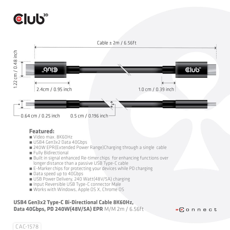 CLUB3D Club 3D – USB-C auf USB-C Kabel – USB4 40 Gbit/s – 2 m – PD 240 W – Schwarz – für Smartphones und mehr
