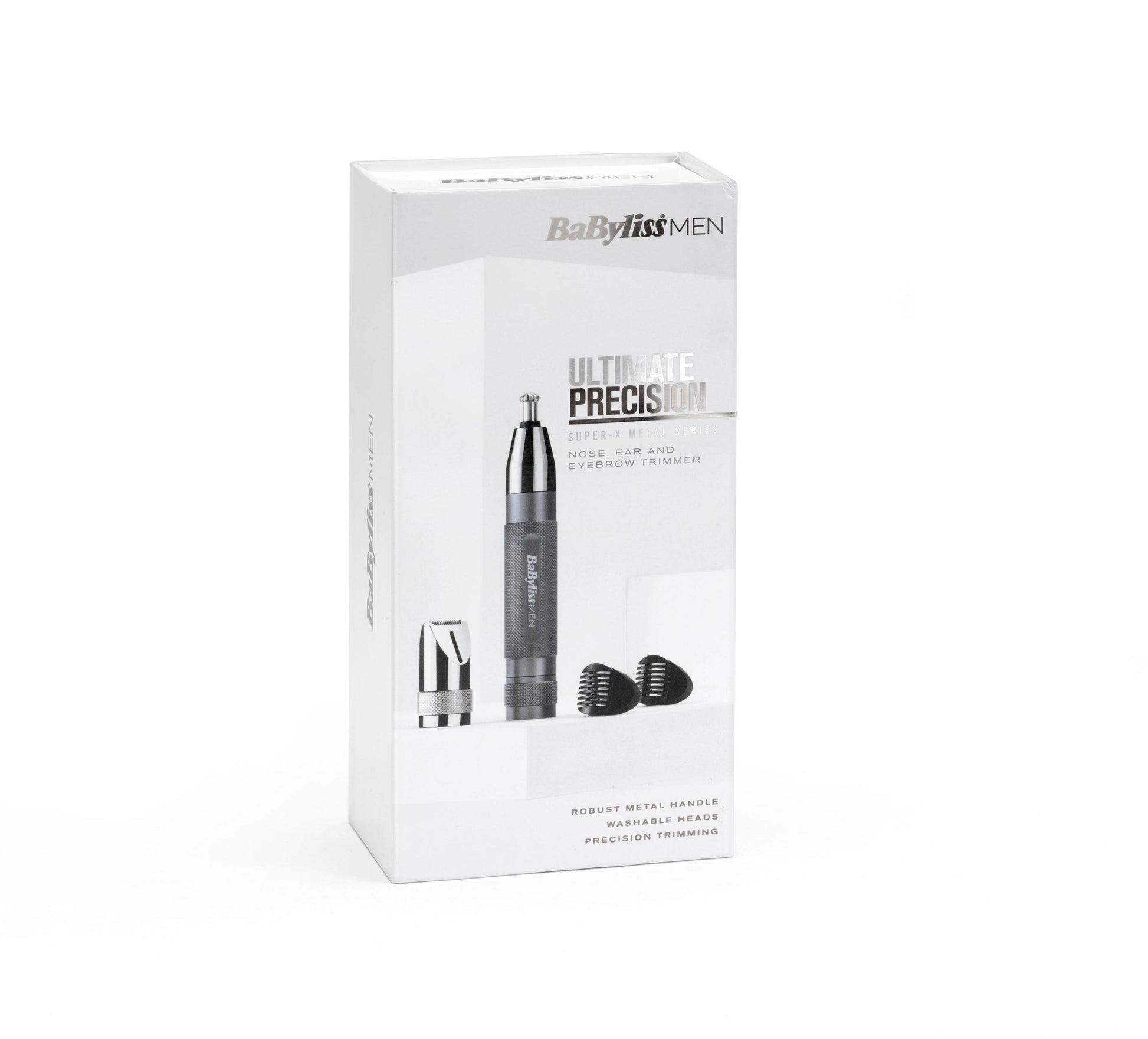 BaByliss Nasenhaarschneider E116E – batteriebetrieben, 2 Kammaufsätze – grau, Edelstahlmesser