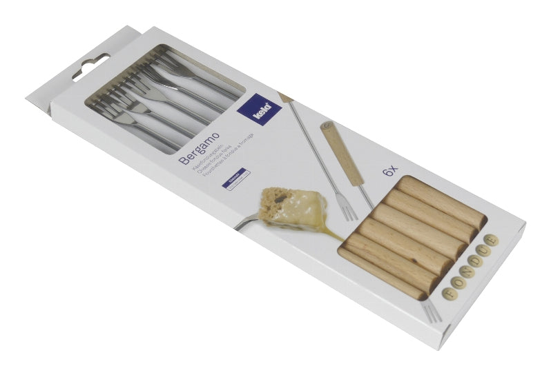 Kela Fonduegabeln – 6er-Set, 24,5 cm, Edelstahl, Holzgriff, Silber, Braun, für Käsefondue