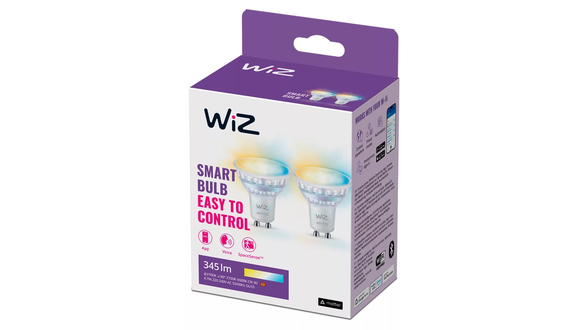WiZ Smart-Leuchtmittel – 2er Pack, GU10, 345 lm, 4,7 W, 2700–6500 K, dimmbar, WiFi/BT, für WiZ/Matter, Weiss