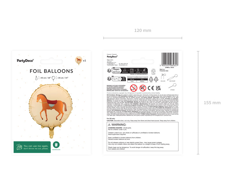 PartyDeco Folienballon Pferd – Mehrfarbig – 35 × 35 cm – Folie – 1 Stk