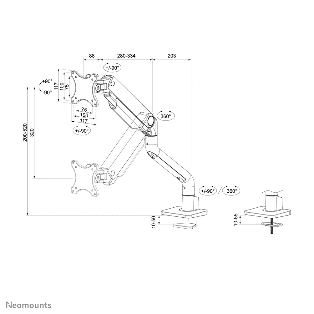 Neomounts Ds70S-950Wh1 – Monitorarm, Tischklemme/Durchführung, bis 49", VESA 75 × 75/100 × 100 mm, 18 kg