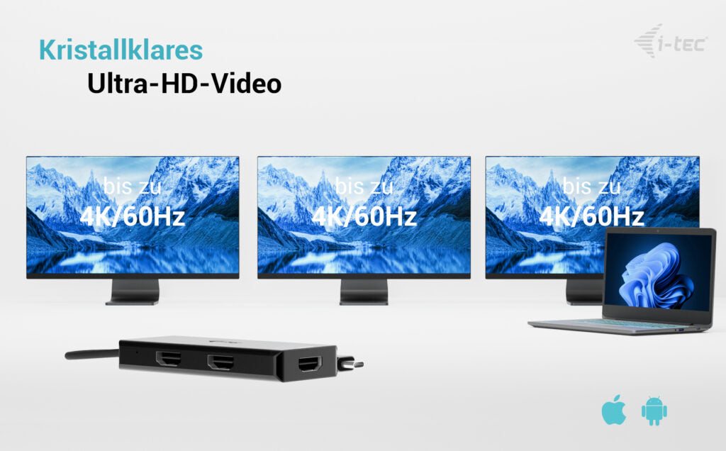 i-tec USB-C zu 3× HDMI Adapter – 4K (3840 × 2160) @ 144 Hz, HDMI 2.0, 0,2 m – für Windows/Mac/Linux