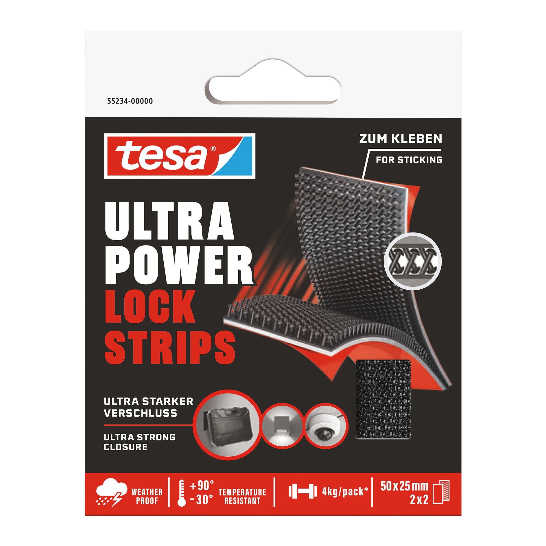tesa Klettstreifen Ultra Power Lock Strips – 25 mm × 0,05 m, schwarz, extra stark