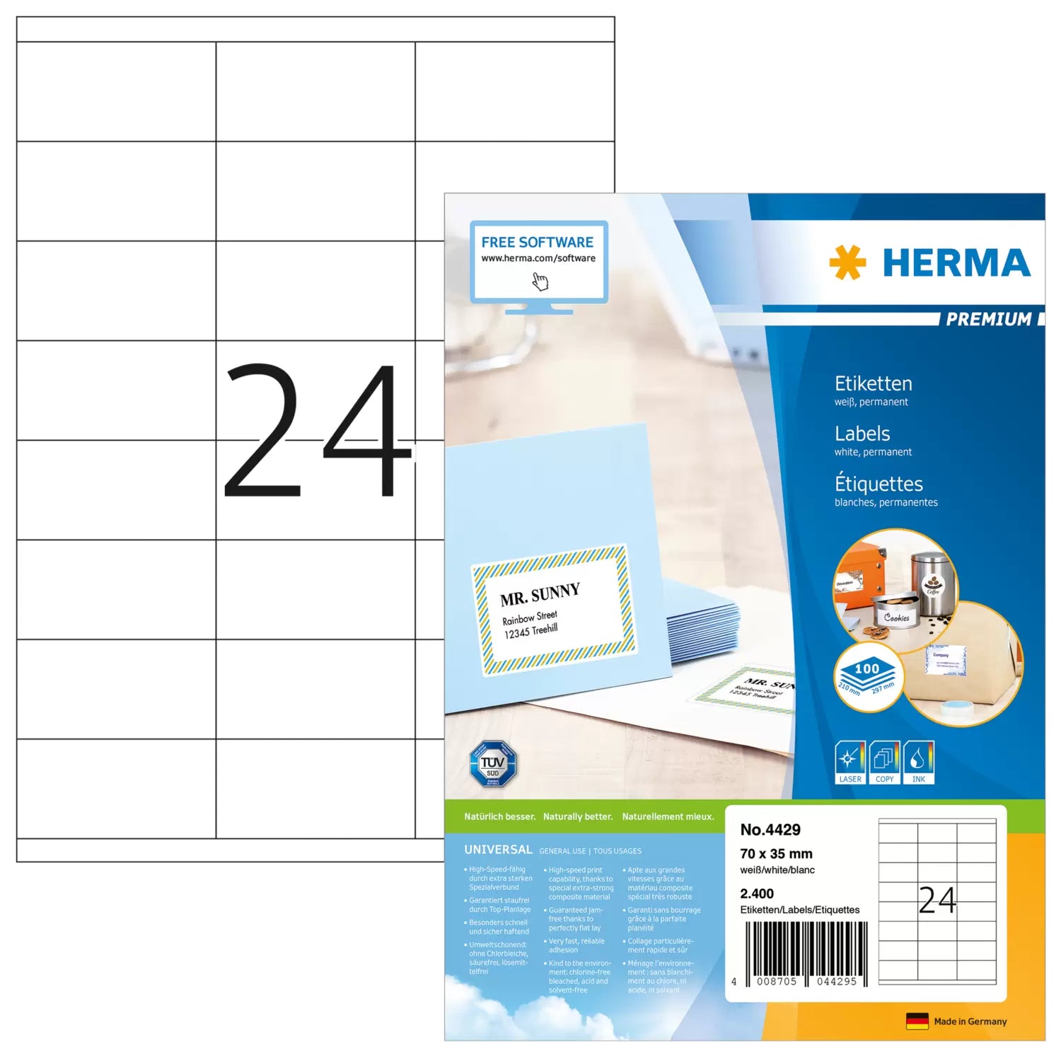 HERMA Etiketten auf Bögen, 70 mm × 35 mm, weiss, Papier, permanent, 100 Blatt (2'400 Etiketten)