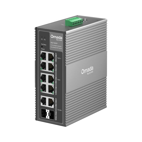 TP-Link Omada IES210GPP – Managed Switch – 8× 1G, 2× SFP (Combo), PoE+, PoE++, PoE-Budget 240 W, Hutschiene
