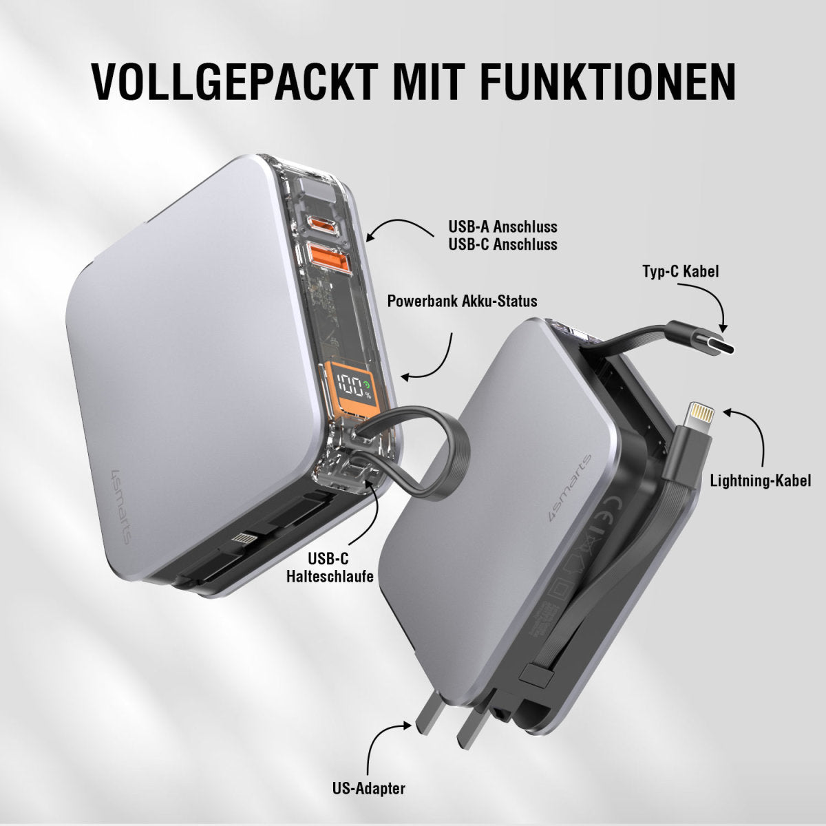 4smarts Powerbank 10000 mAh, PD 20 W, 2× USB-C, Durchgangsladung, für Smartphones, Silber