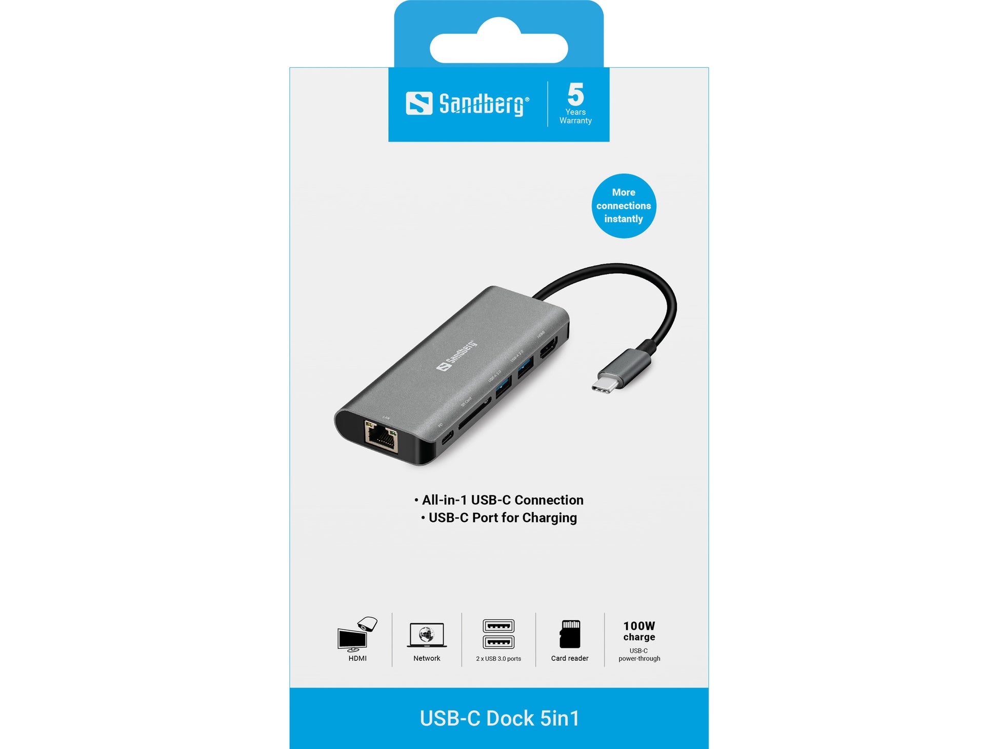 Sandberg Dockingstation – USB-C, HDMI, 2× USB-A, 1× USB-C, SD/microSD, für Windows/Mac