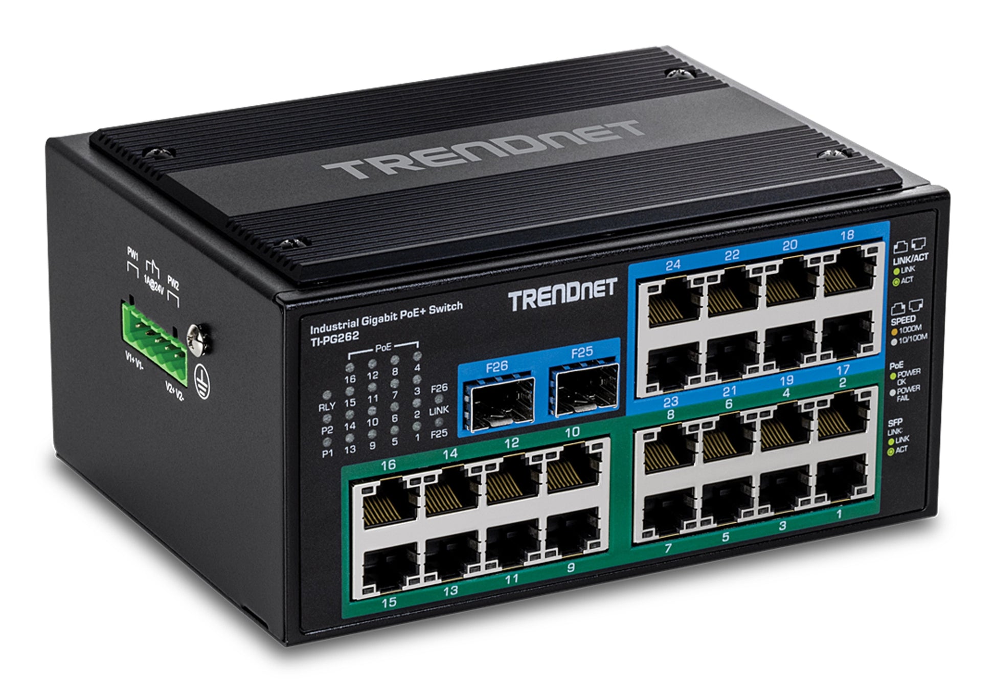 TRENDnet TI-PG262 – Unmanaged Switch – 24× 1G, 2× SFP, PoE+, PoE-Budget 480 W, DIN-Schiene