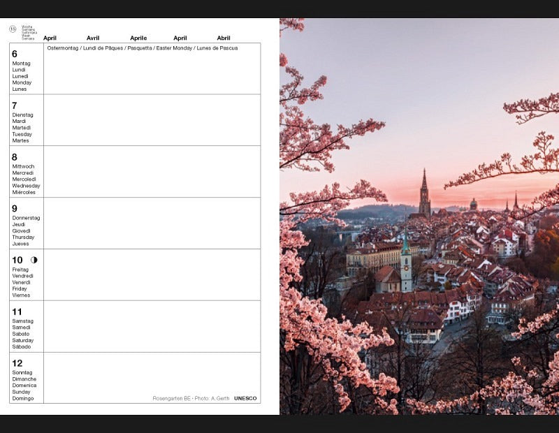 Calendaria Schweizer Foto-Almanach Agenda – 1 Woche pro Seite, Spiralbindung, A5, 2026, mehrsprachig, mehrfarbig