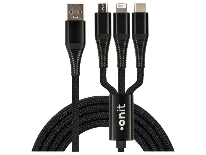 ONIT Multi-Kabel – 3-in-1 USB-A auf USB-C/Micro-USB/Lightning 0,2 m, PD 12 W, geflochten – für iPhone/Android