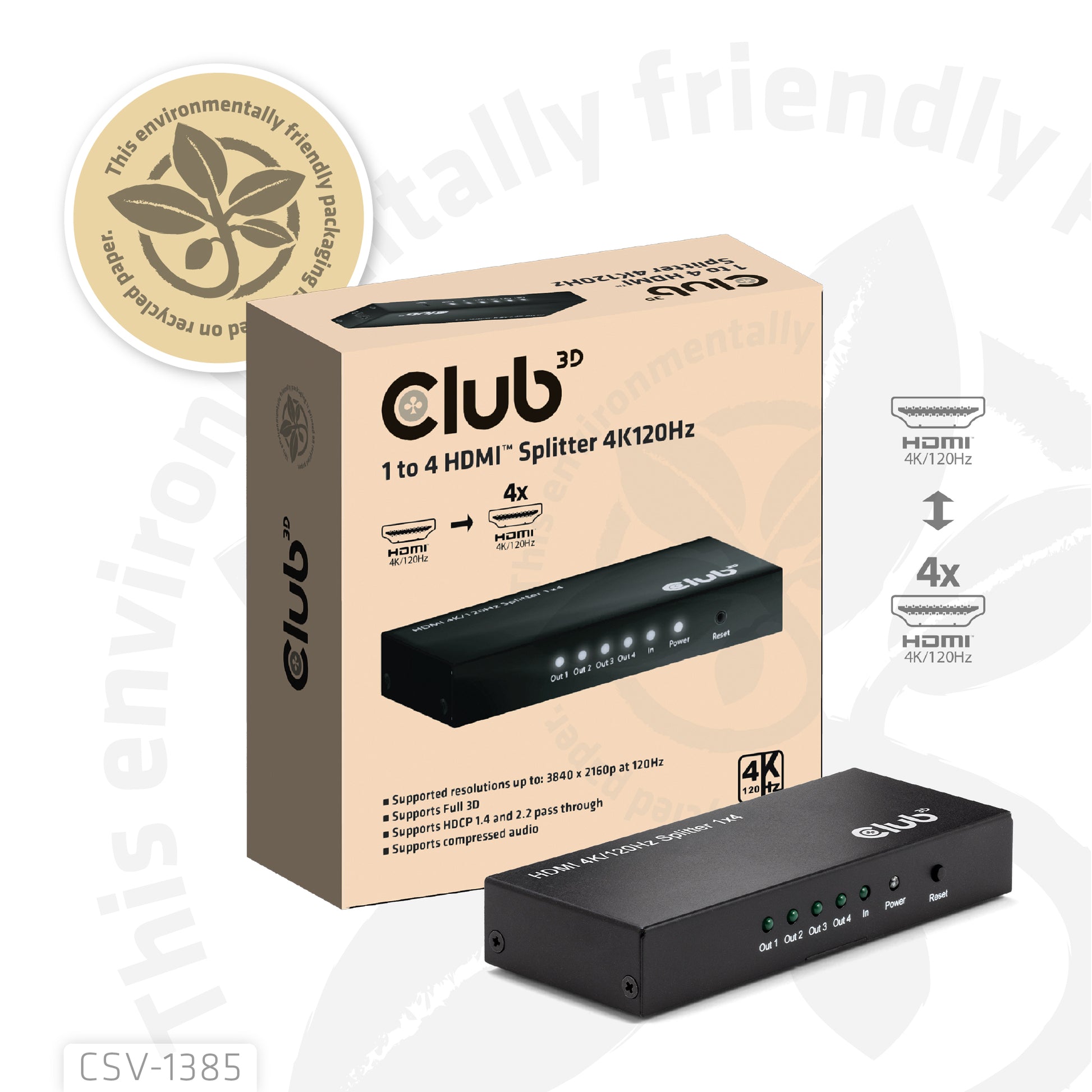 CLUB3D HDMI Splitter 1 zu 4 – 4× HDMI, 4K (3840 × 2160) – Passiv, HDCP 1.4/2.2 – Schwarz