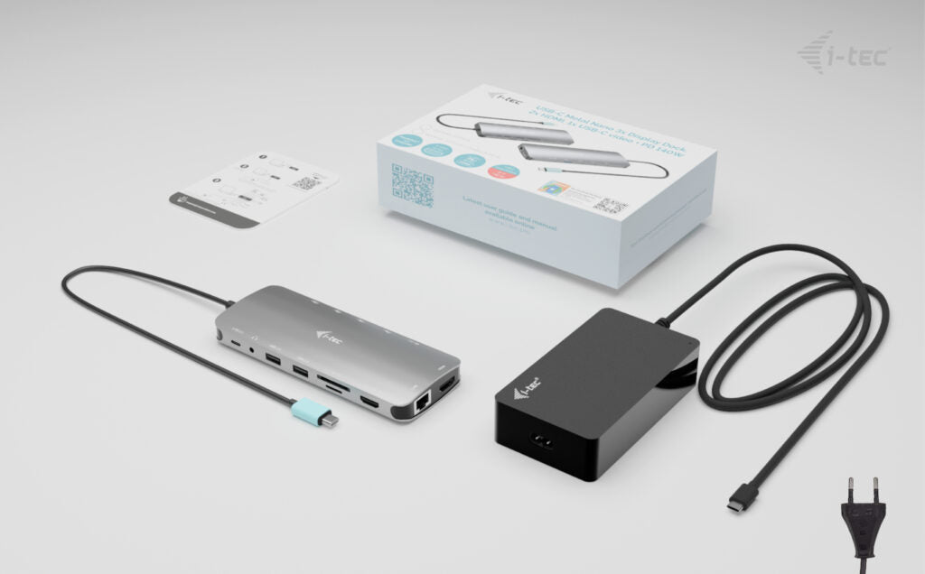i-tec Metal Nano Dockingstation – USB-C, 2× HDMI, 1× USB-C (Video), 3× USB-A, 3× USB-C, 140 W PD, GbE
