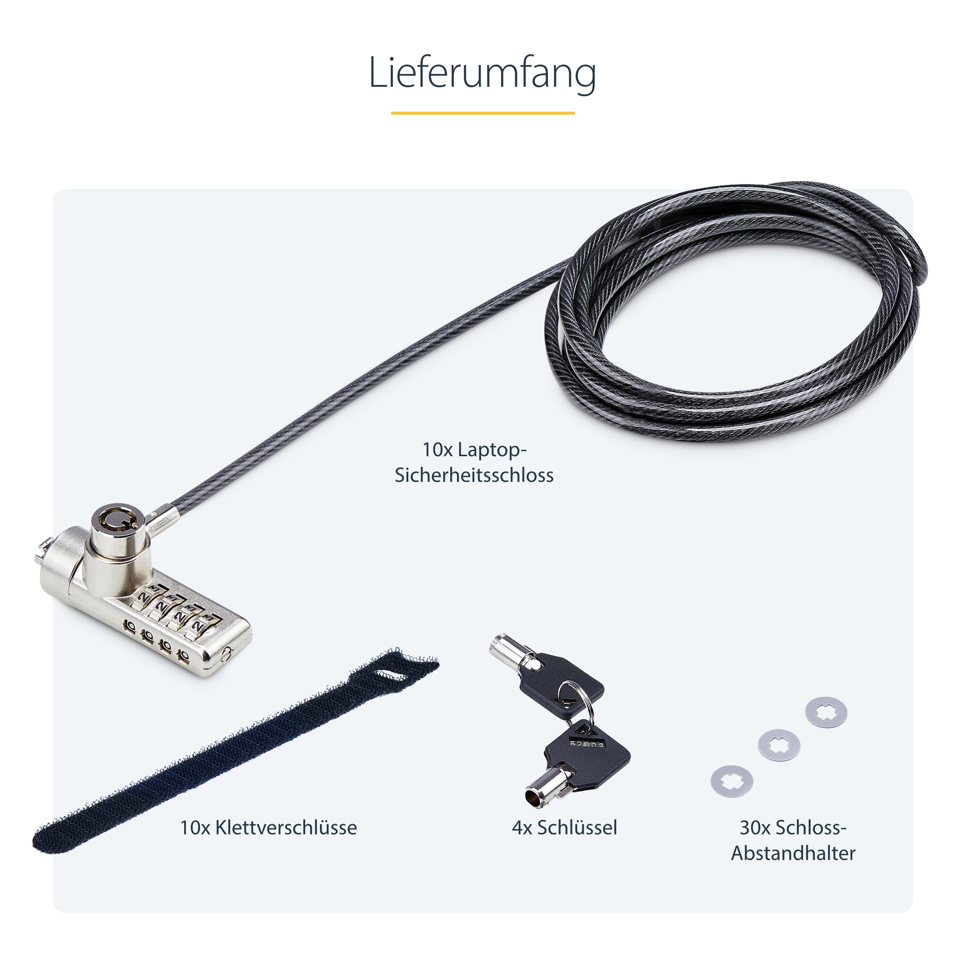 StarTech.com 10er-Pack Kabelschloss für Laptop – Kensington, Kombinationsschloss, 2 m – Schwarz/Stahl