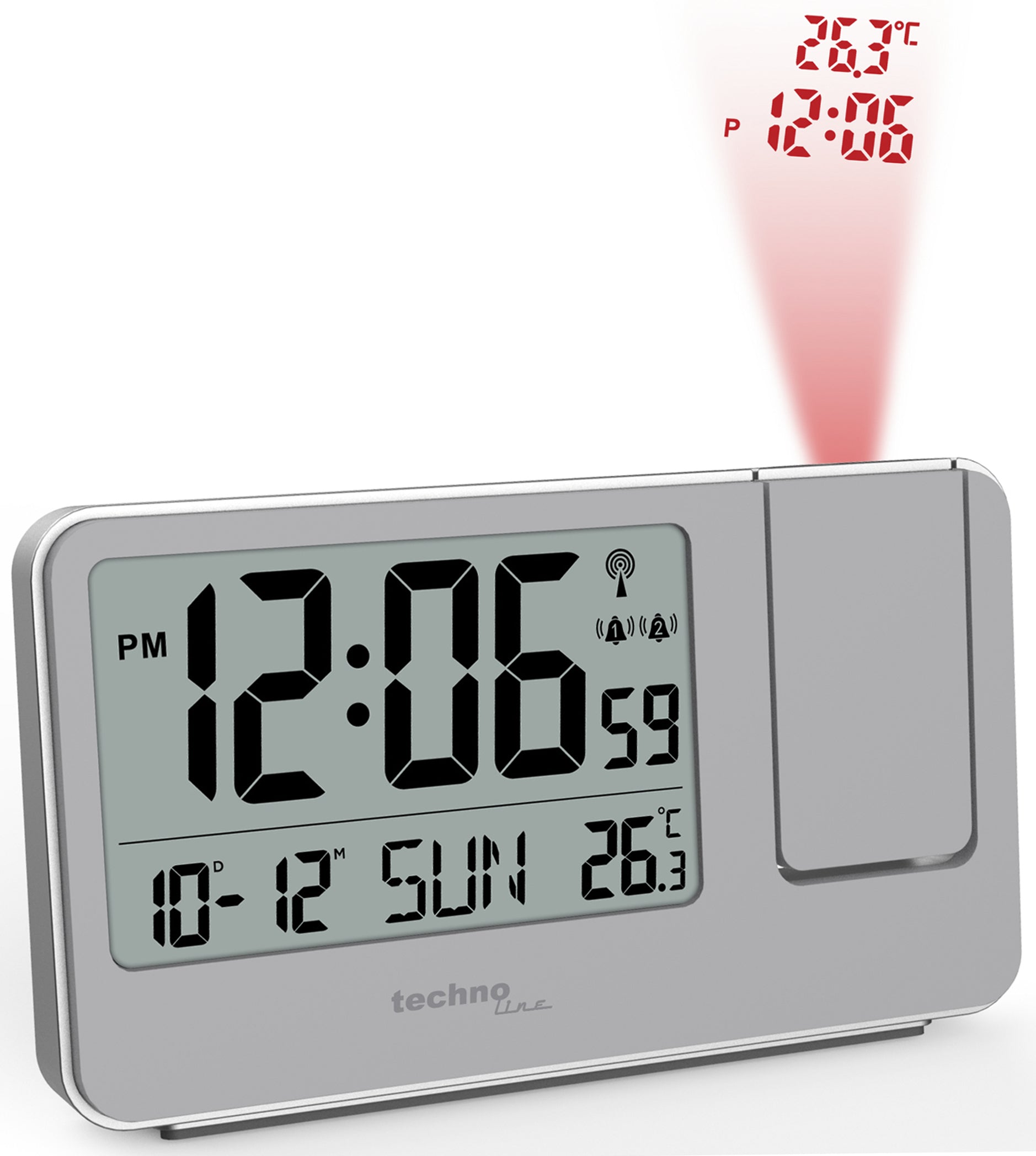 Technoline WT 534 Projektionswecker – Funk, Thermometer, 14,3 × 8,4 × 3,9 cm, Silber