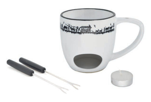 Heidi Cheese Line Fondue-Set Alpes – Ø 10,5 cm, Steingut, für Schokoladenfondue, Teelichter, Weiss, 4 Teile