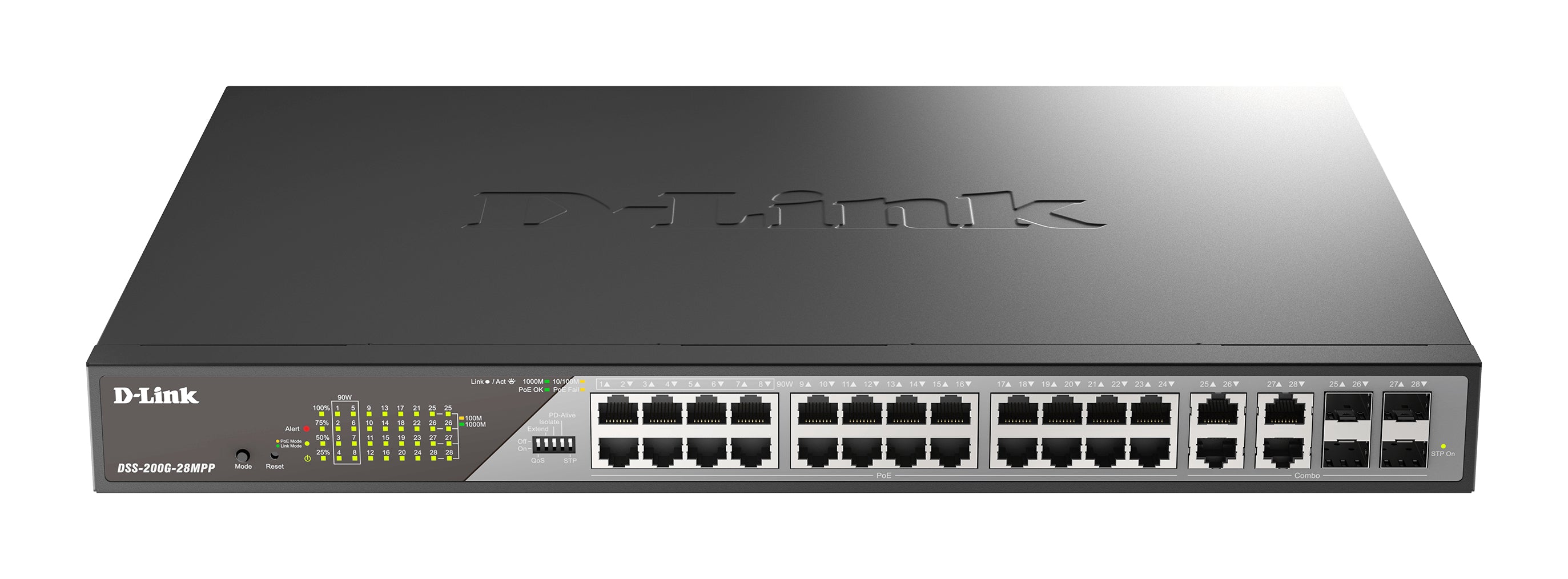 D-Link DSS-200G-28MPP/E – Managed Gigabit Switch, 24x RJ-45, 4x Combo RJ-45/SFP, 24x PoE (30 W/Port, 518 W total)