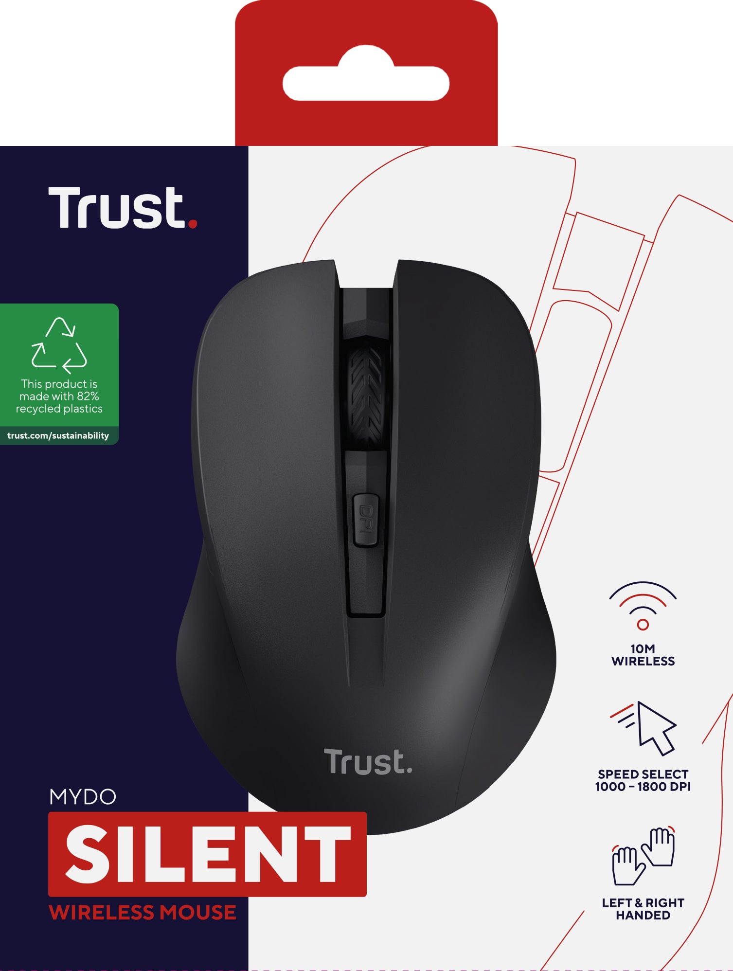 Trust Mydo Silent – Maus – Kabellos (2,4 GHz), 1800 DPI, beidhändig, Schwarz