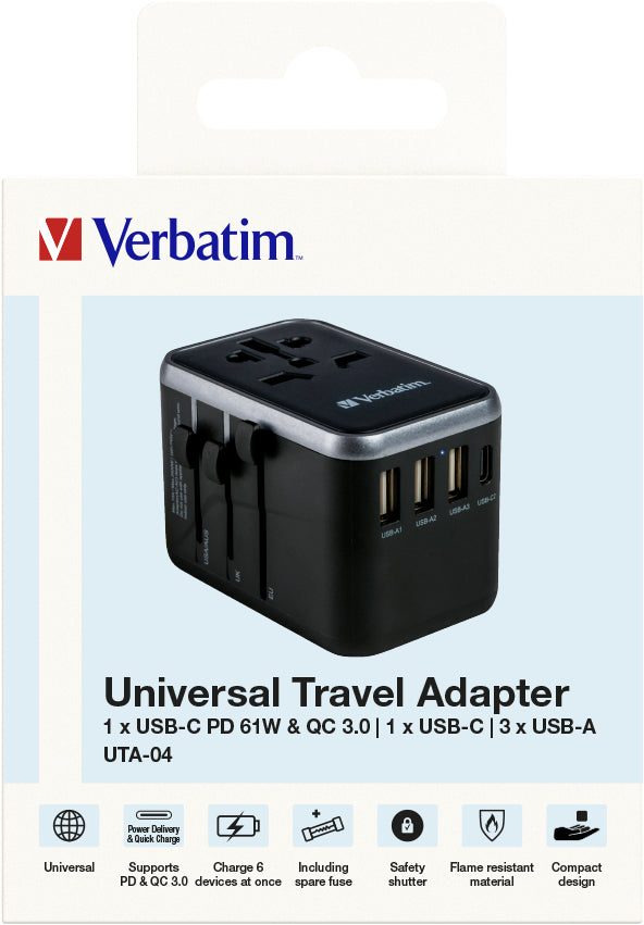 Verbatim UTA-04 Reiseadapter USB-Ladegerät 61 W – USB-C×2, USB-A×3 – PD, QC