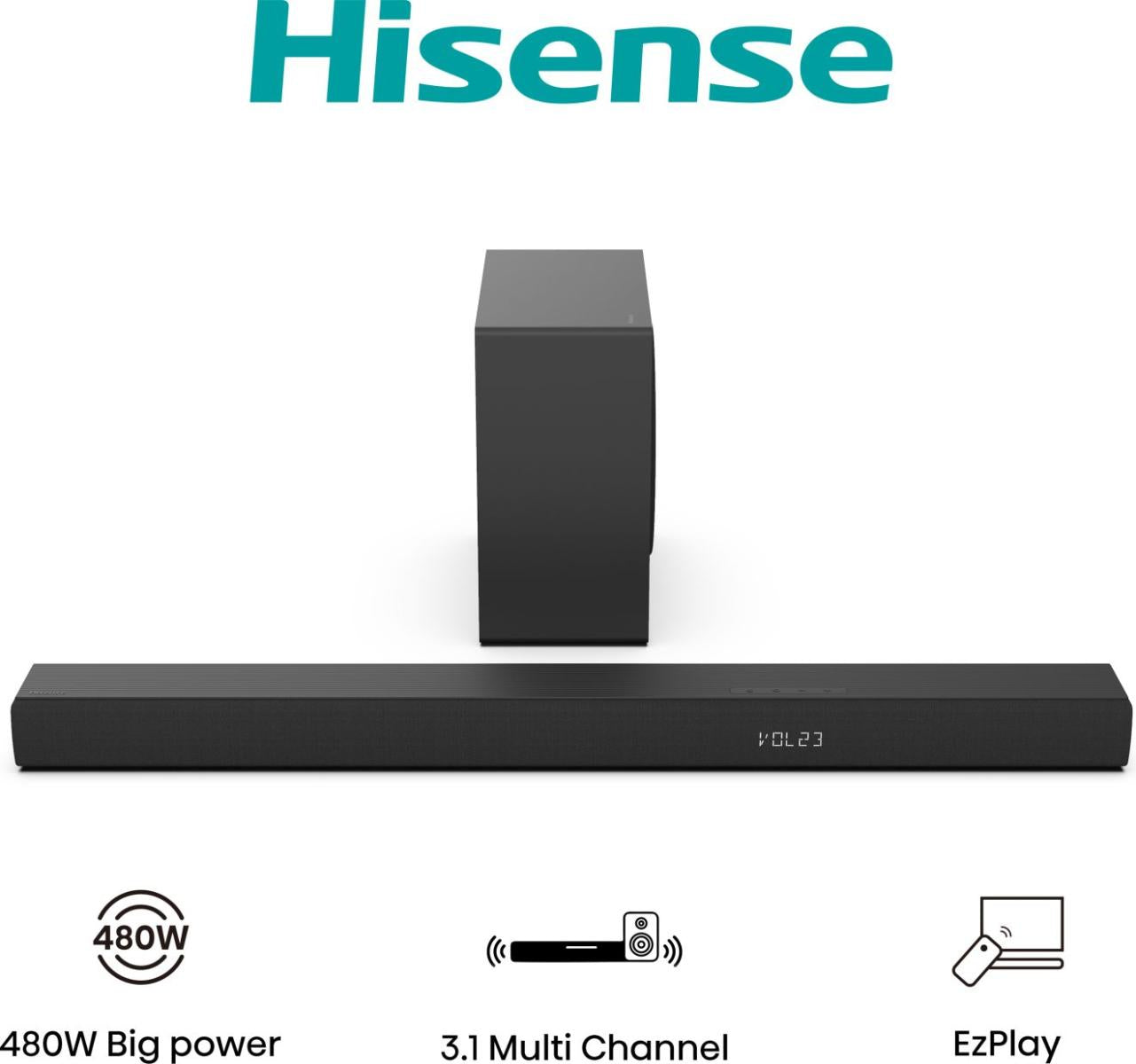 Hisense HS3100 – Soundbar – 3.1, DTS Virtual:X/Dolby Digital, mit kabellosem Subwoofer & Rears, 480 W – Schwarz