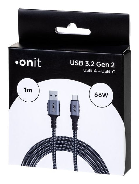 ONIT USB-A auf USB-C Kabel – USB 3.2 Gen 2 (10 Gbit/s) – 1 m – PD 66 W – Textilmantel – Schwarz/Grau