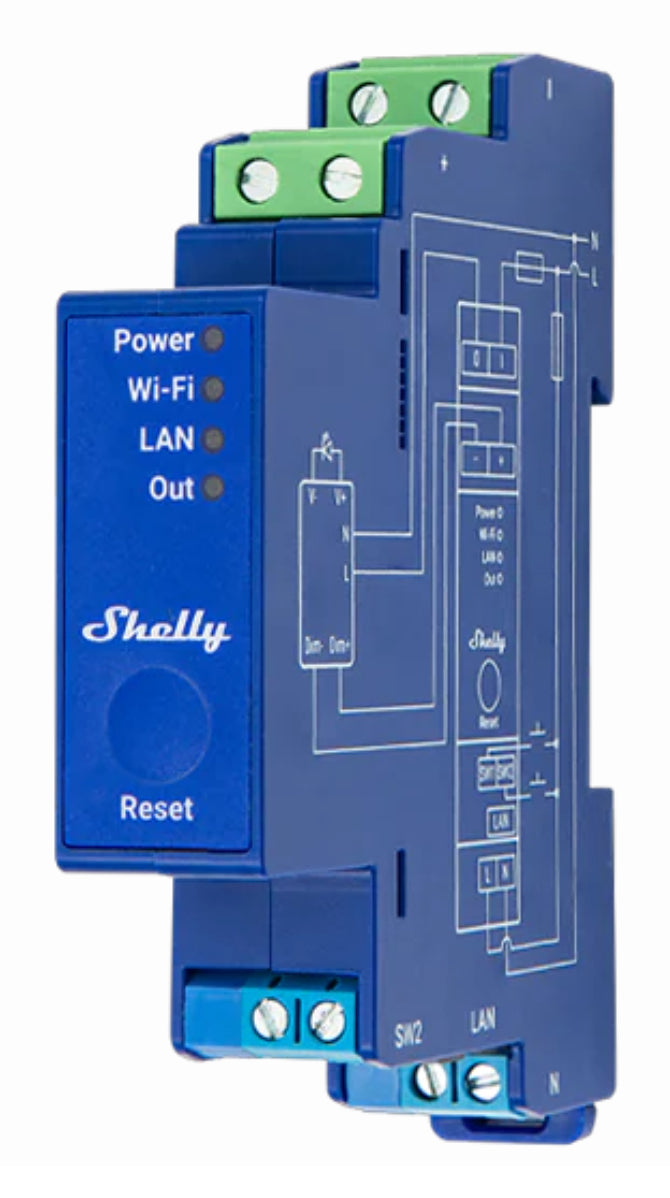 Shelly Dimmaktor Pro PM – Dimmaktor – 0/1‑10 V, Leistungsmessung, WLAN, LAN, Bluetooth