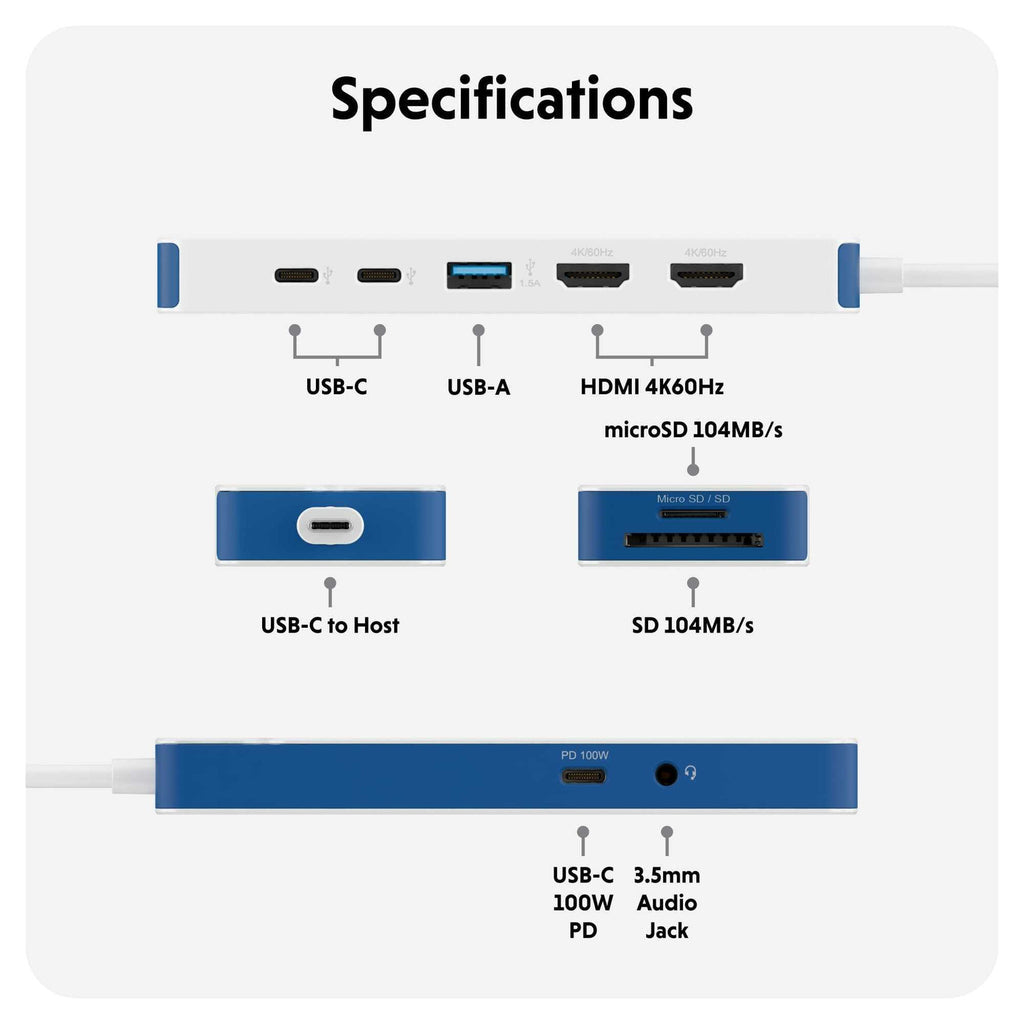 Targus HyperDrive Flex Multiport-Adapter – USB-C, 1× HDMI, 5× USB-A, 100 W PD, microSD, für Windows/Mac