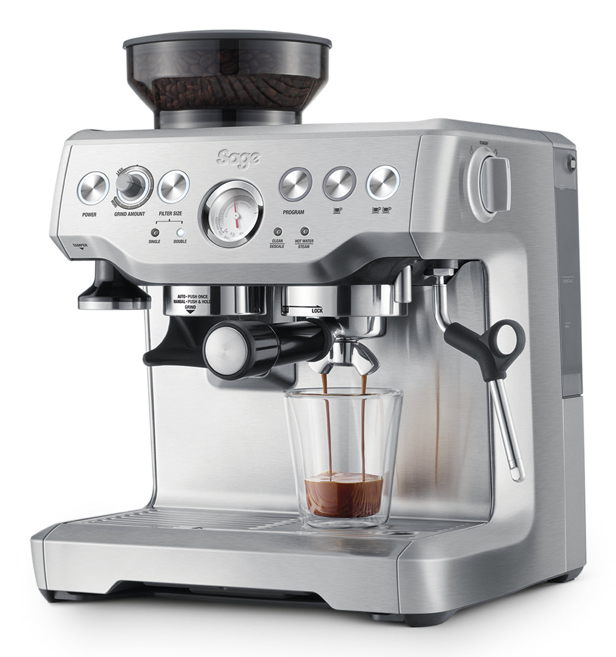 Sage Barista Express Espressomaschine (Siebträger) – 15 bar, 2 l, Milchaufschäumer, Silber