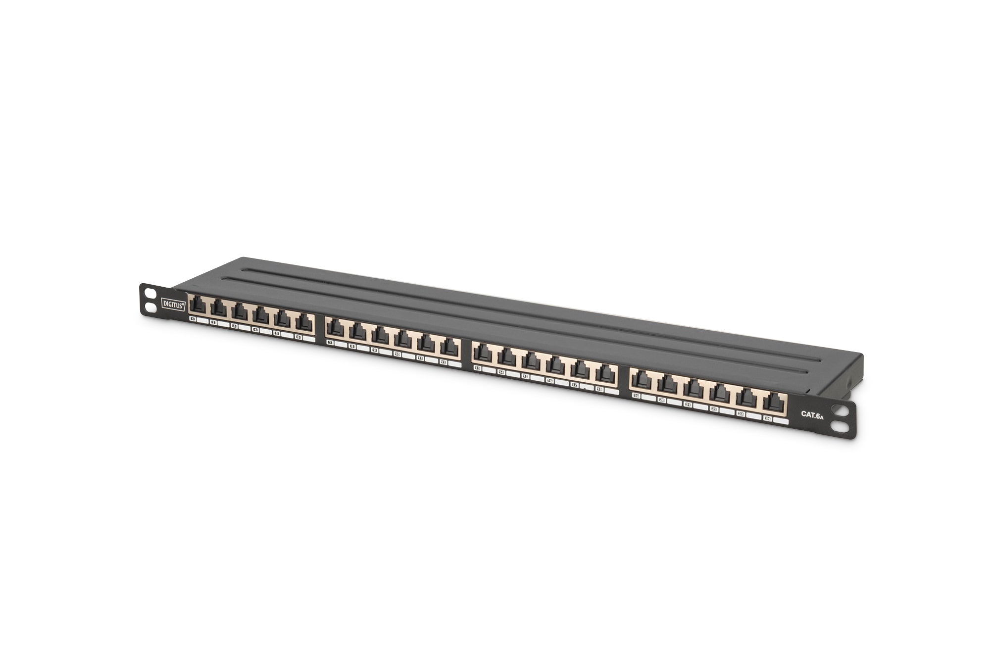 Digitus Patchpanel – 24× RJ-45, Cat6a (Klasse EA), geschirmt, 0,5U, 19", Schwarz