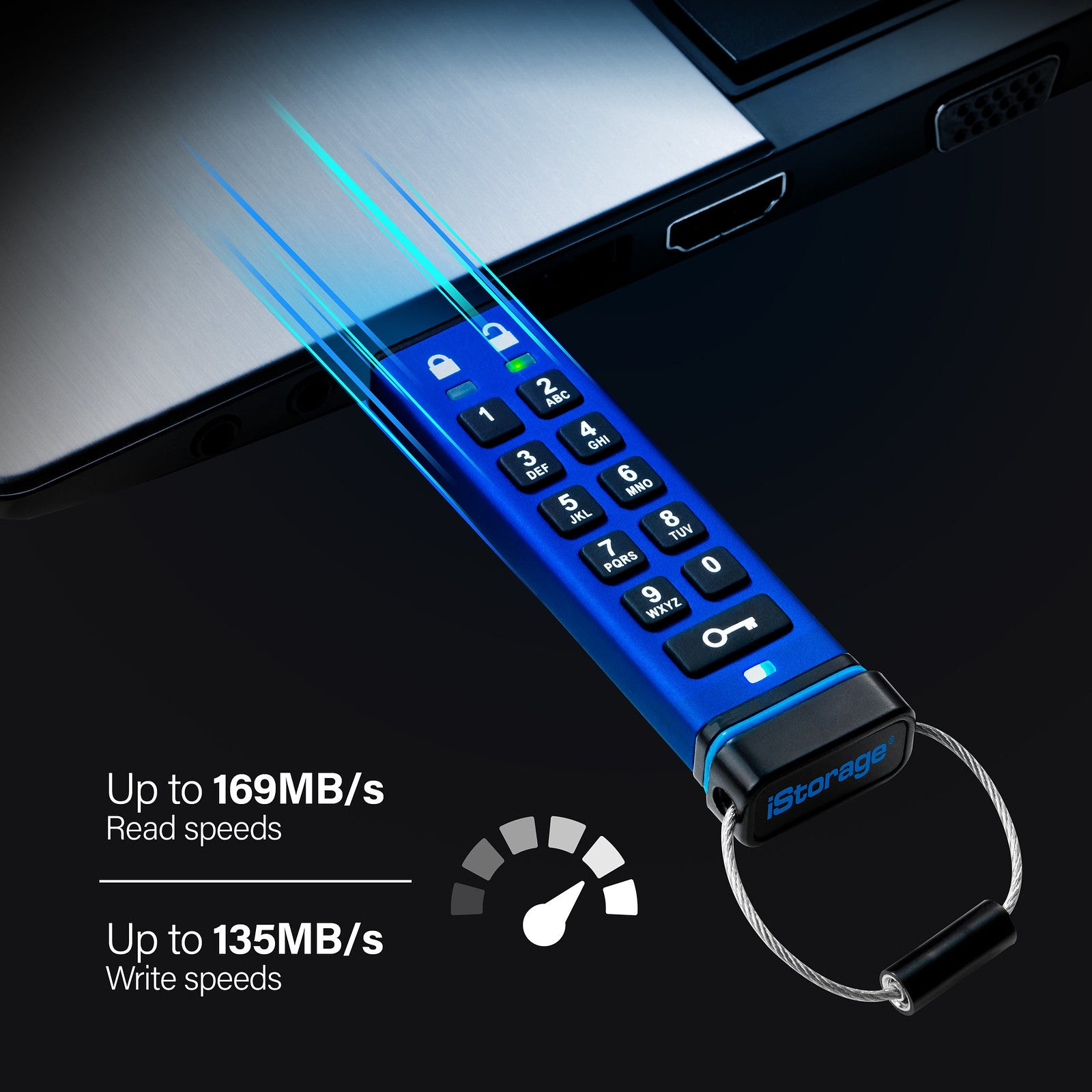 iStorage datAshur Pro – 256 GB, USB 3.2 Gen 1, AES-XTS 256-Bit HW-Verschlüsselung, FIPS 140-2 L3, IP57, Tastatur