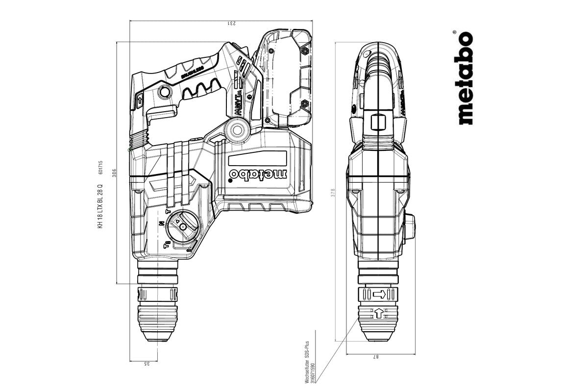 Metabo Akku-Kombihammer KH 18 LTX BL 28 Q – 18 V (CAS) – SDS-plus – Beton Ø 28 mm – 3 J – Solo
