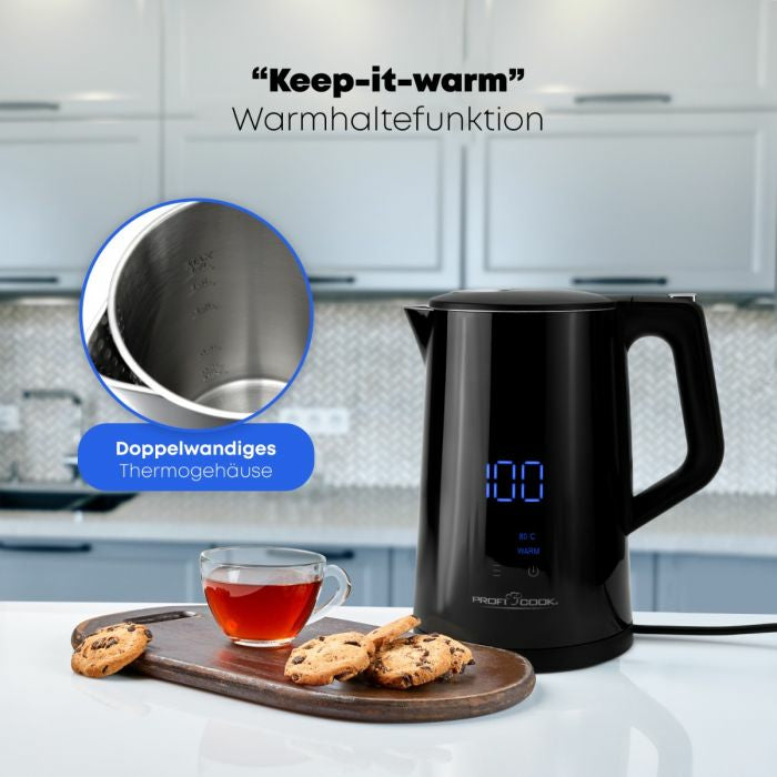 ProfiCook Wasserkocher – 1,7 l, mit Temperaturwahl, Warmhaltefunktion, Edelstahl, schwarz, PC-WKS 1243
