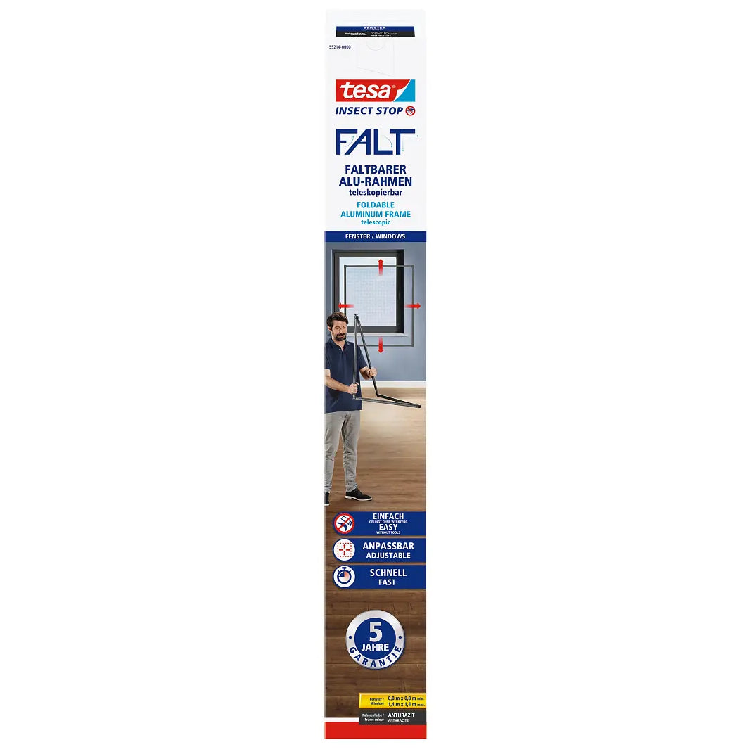 TESA Fenster-Fliegengitter – 140 × 140 cm – Anthrazit – Aluminiumrahmen – faltbar