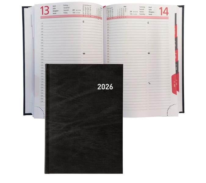 Biella Registra Plus Agenda – 1 Tag pro Seite, Gebunden, 14,5 × 20,5 cm, 2026, Halbstunden-Takt, Schwarz, FSC
