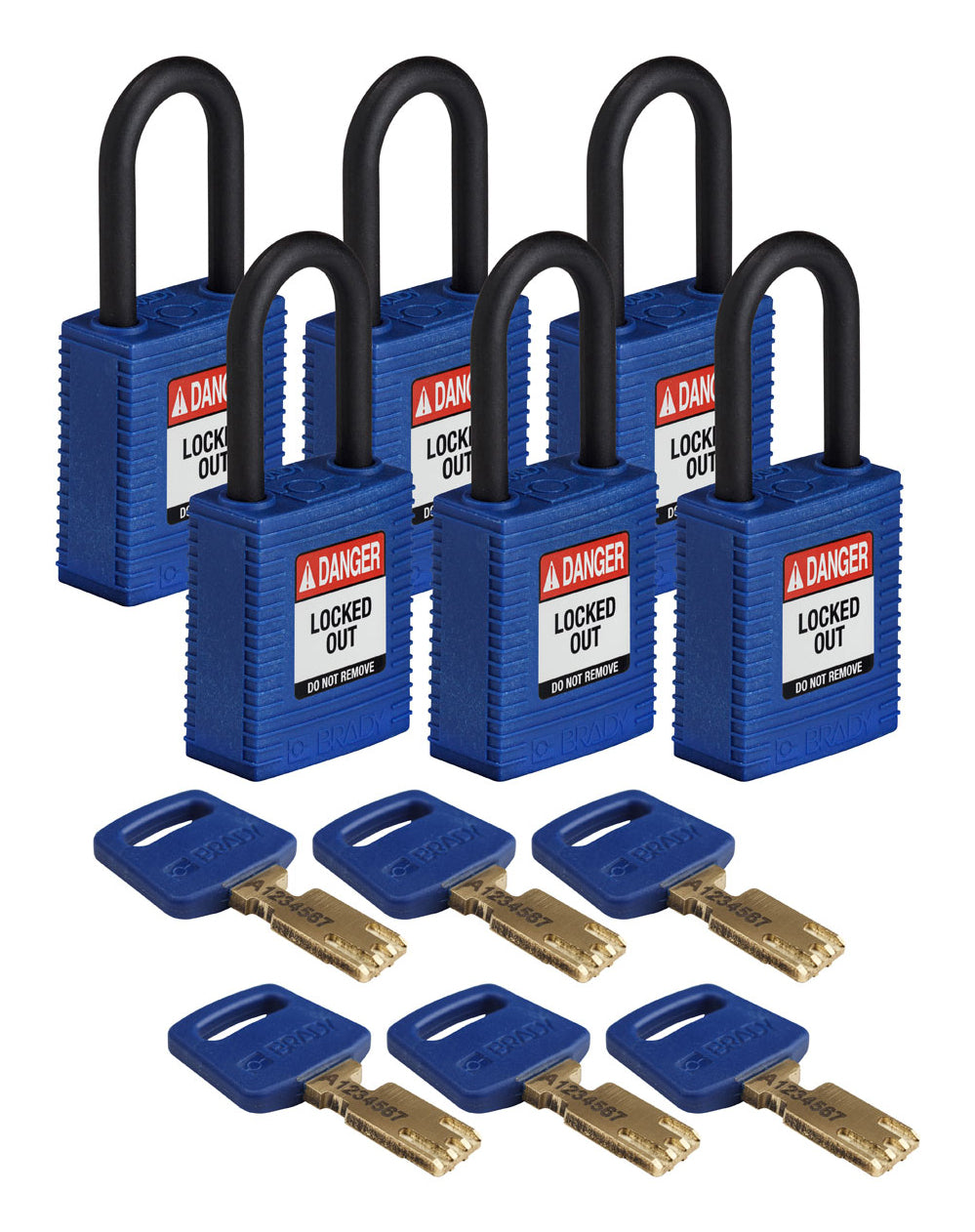 Brady SafeKey Mechanisches Vorhängeschloss – Nylon, Bügel 38×20 mm, Ø6,4 mm, 6 Stk., Blau