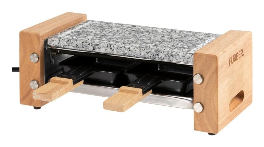 Furber. Furber Raclette-Grill Festa F00793 – 2 Personen, 350 W, Stein-Grillplatte – Schwarz/Marmor/Holz