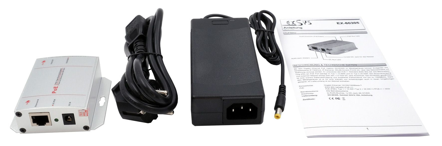 EXSYS EX-60305 PoE-Injektor – 90 W IEEE 802.3bt, 2× RJ-45 (Gigabit)