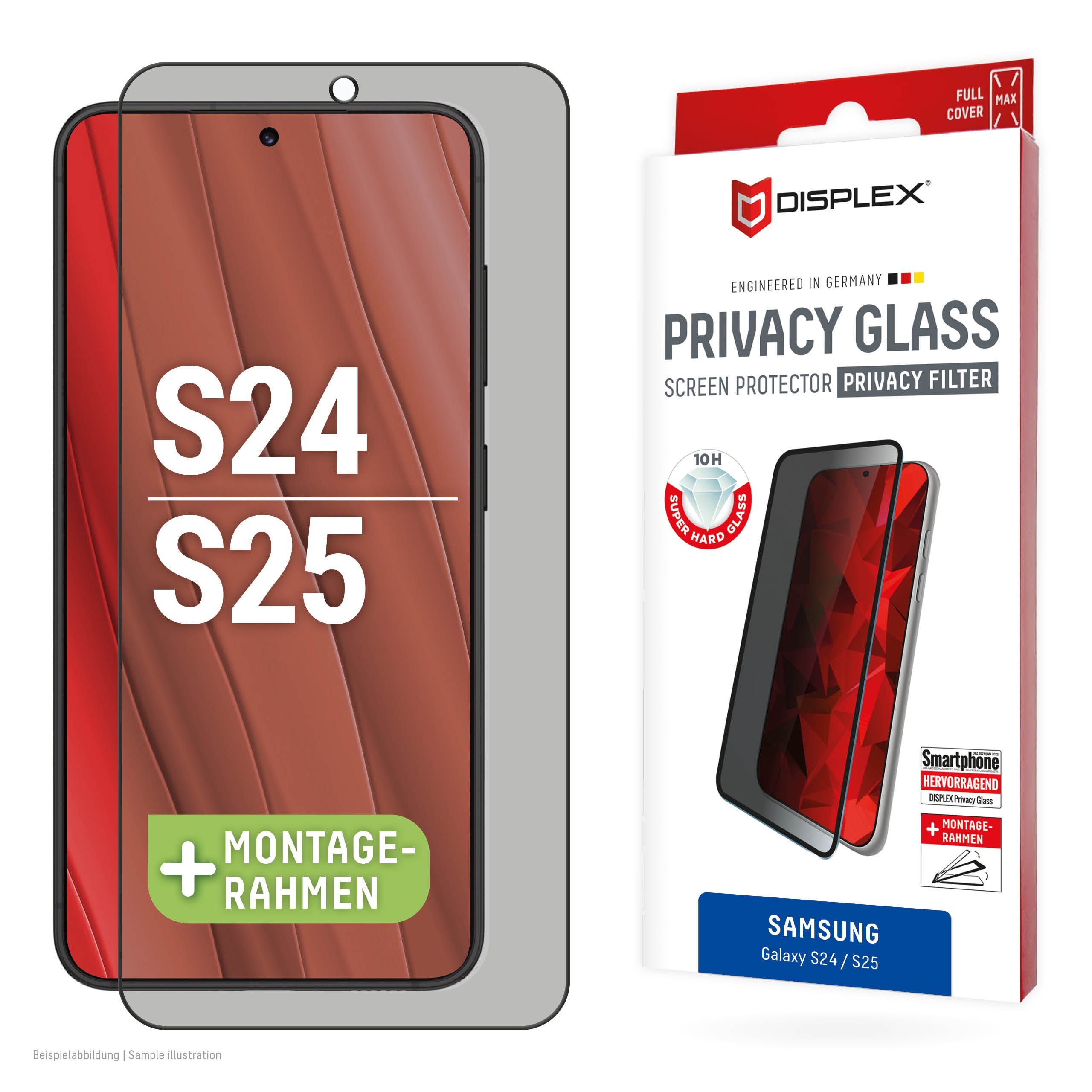 Displex Privacy-Filter (Panzerglas), Full Cover – für Galaxy S24/S25 – mit Applikator