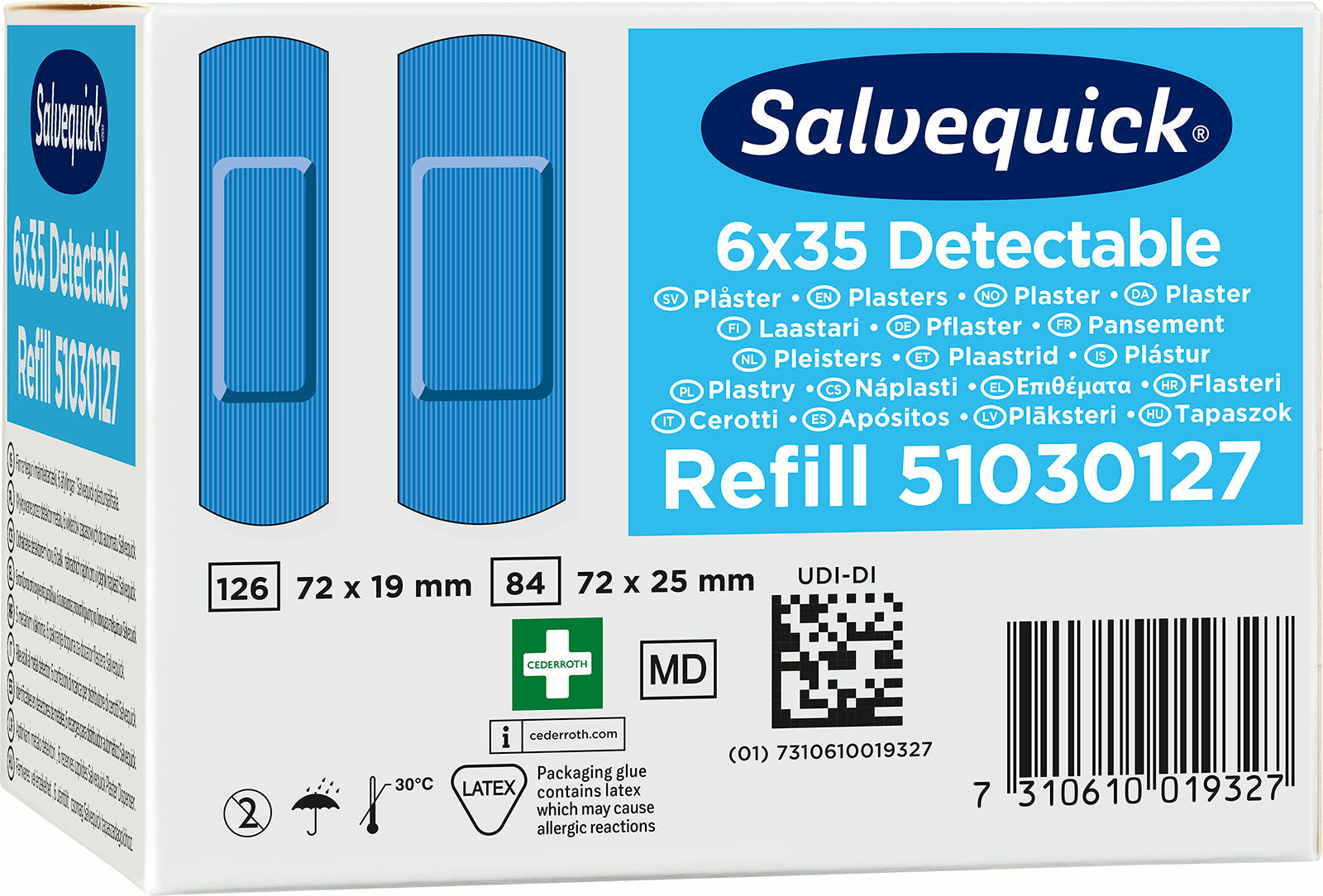 Cederroth Salvequick Pflaster-Nachfüllpackung – detektierbar – blau – sortiert – 6 × 35 Stk.