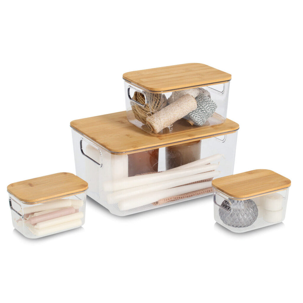 Zeller Present Aufbewahrungsbox (mit Deckel) – Kunststoff/Bambus – transparent/braun – 4-teiliges Set