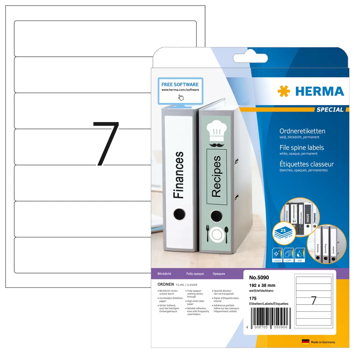 HERMA Ordneretiketten, 192 mm × 38 mm, weiss, Papier, permanent, Packung 25 Blatt (175 Etiketten)
