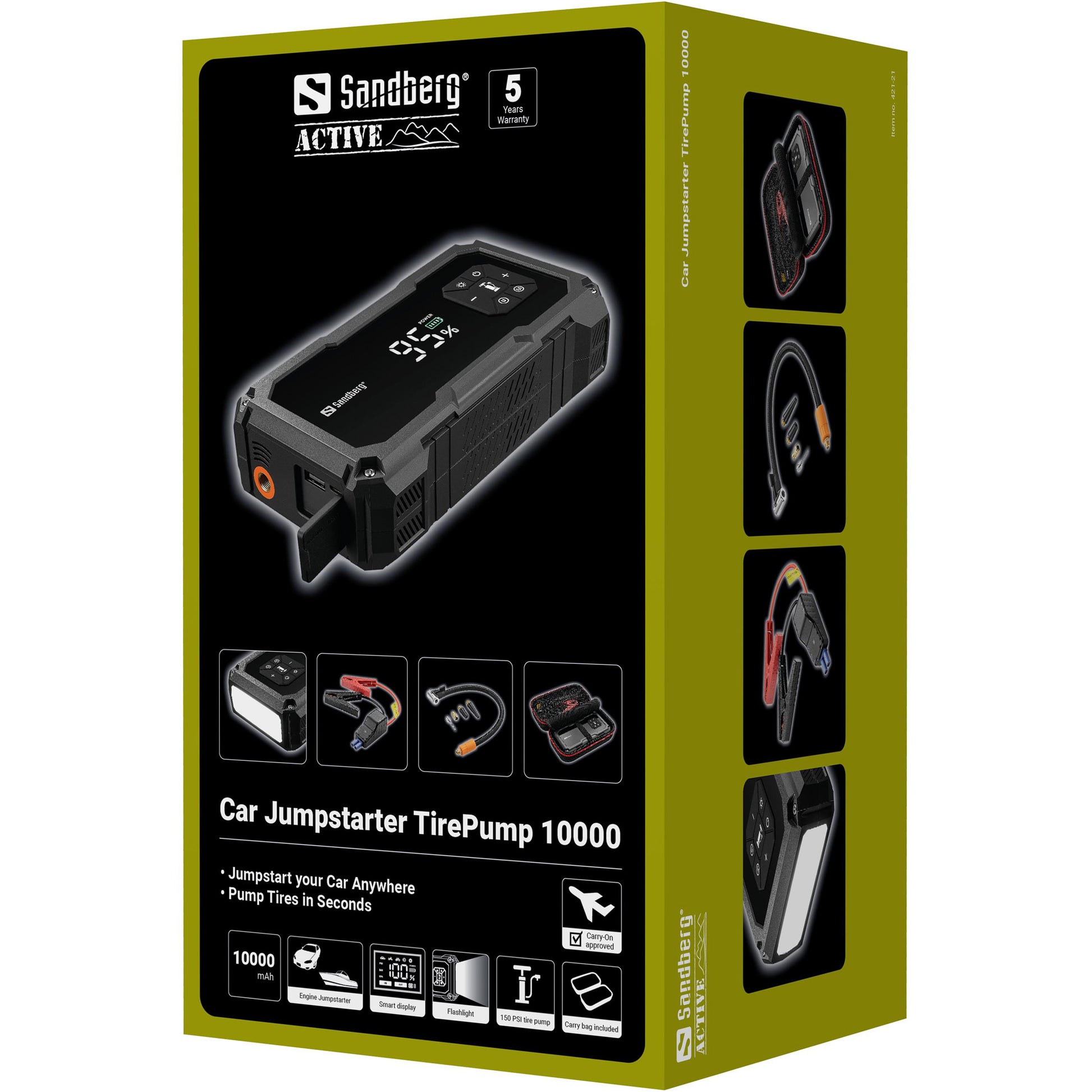 Sandberg TirePump Powerbank 10'000 mAh – integrierter Luftkompressor, Taschenlampe, schwarz