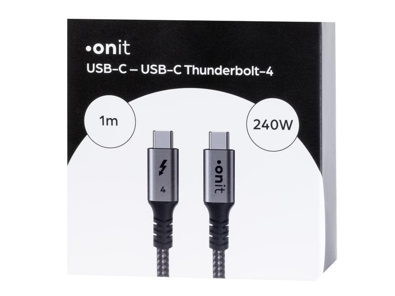 ONIT Thunderbolt 4 (USB-C) Kabel – 40 Gbit/s – 1 m – PD 240 W – 8K/60 – Textilmantel – Schwarz/Grau