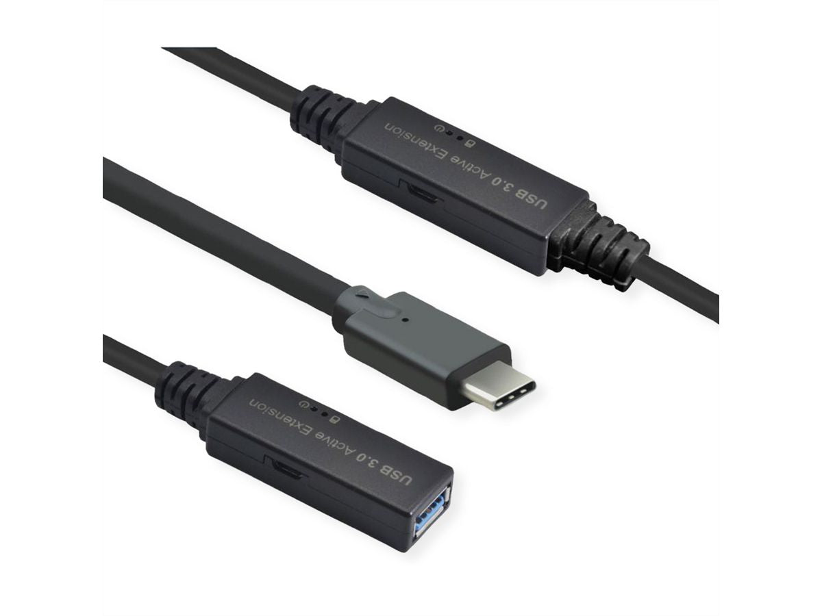 ROLINE USB-C auf USB-A Verlängerungskabel – USB 3.2 Gen 1 (5 Gbit/s) – 10 m – Aktiv – Schwarz